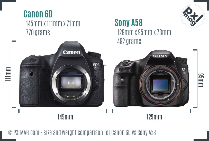 Canon 6D vs Sony A58 size comparison