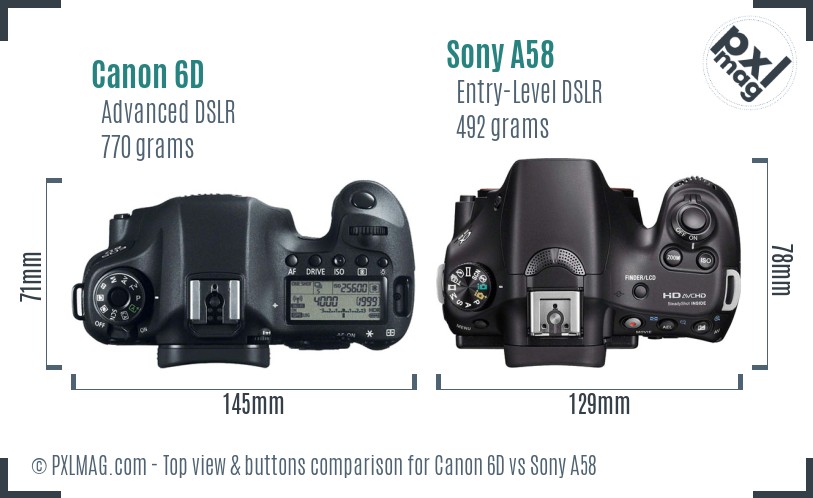 Canon 6D vs Sony A58 top view buttons comparison