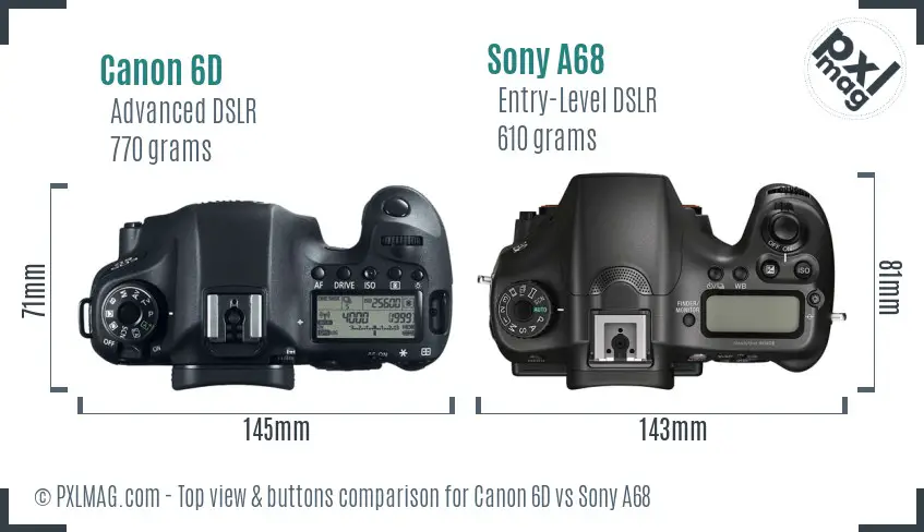 Canon 6D vs Sony A68 top view buttons comparison Canon 6D vs Sony A68 top view buttons comparison