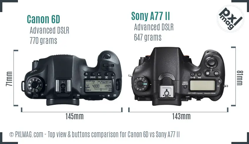 Canon 6D vs Sony A77 II top view buttons comparison