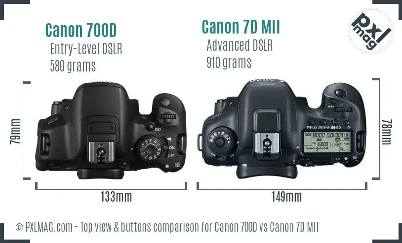 Canon 700D vs Canon 7D MII top view buttons comparison