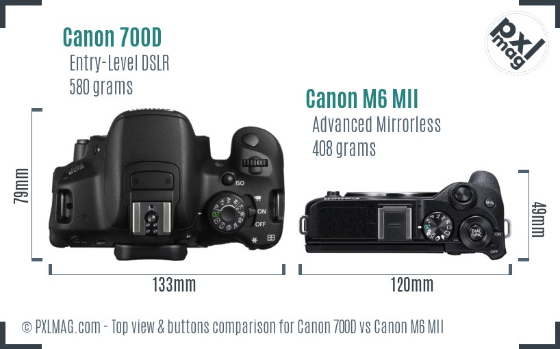 Canon 700D vs Canon M6 MII top view buttons comparison