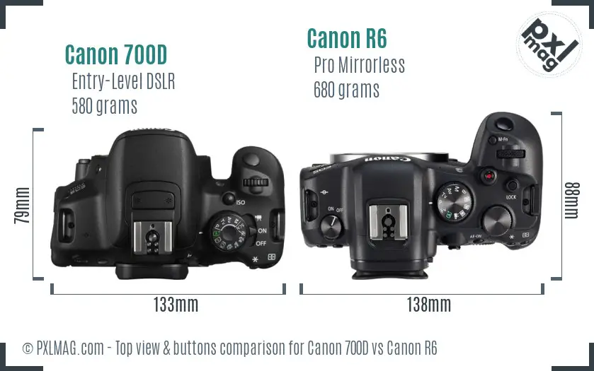 Canon 700D vs Canon R6 top view buttons comparison