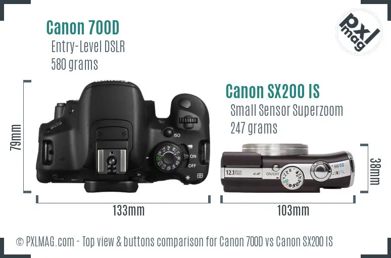 Canon 700D vs Canon SX200 IS top view buttons comparison