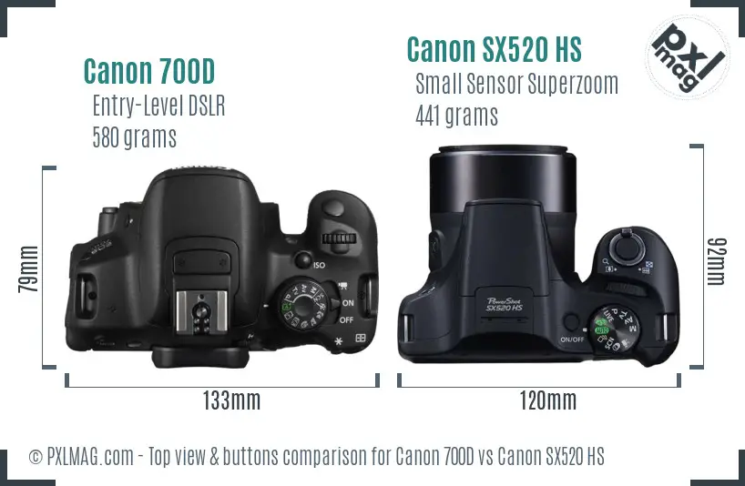 Canon 700D vs Canon SX520 HS top view buttons comparison