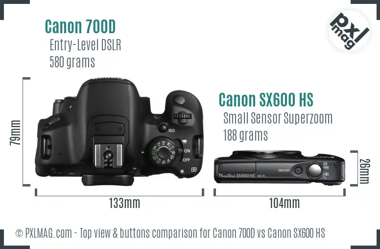 Canon 700D vs Canon SX600 HS top view buttons comparison