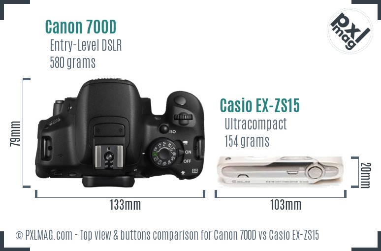 Canon 700D vs Casio EX-ZS15 top view buttons comparison