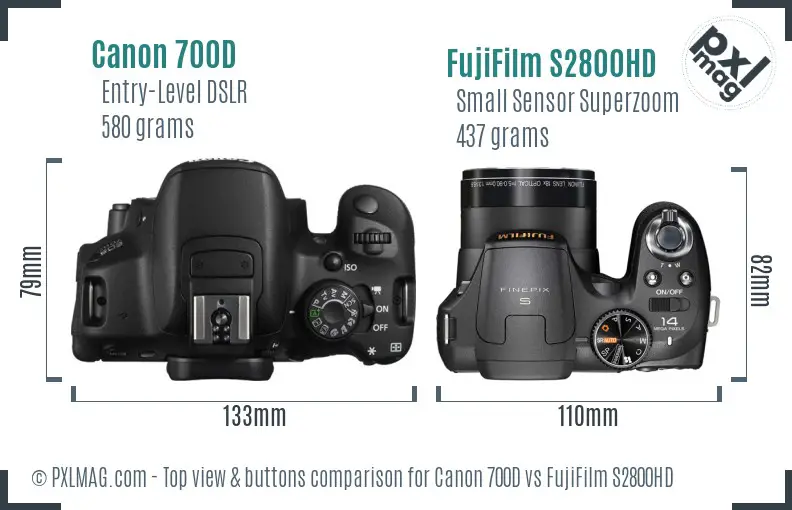 Canon 700D vs FujiFilm S2800HD top view buttons comparison Canon 700D vs FujiFilm S2800HD top view buttons comparison