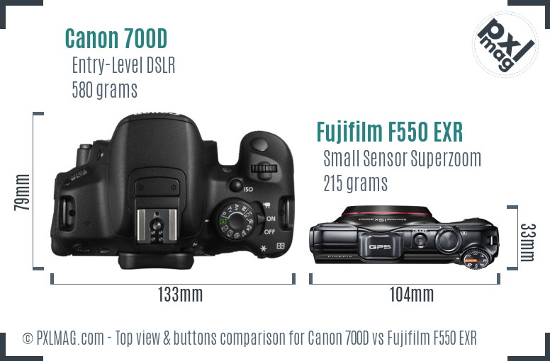 Canon 700D vs Fujifilm F550 EXR top view buttons comparison