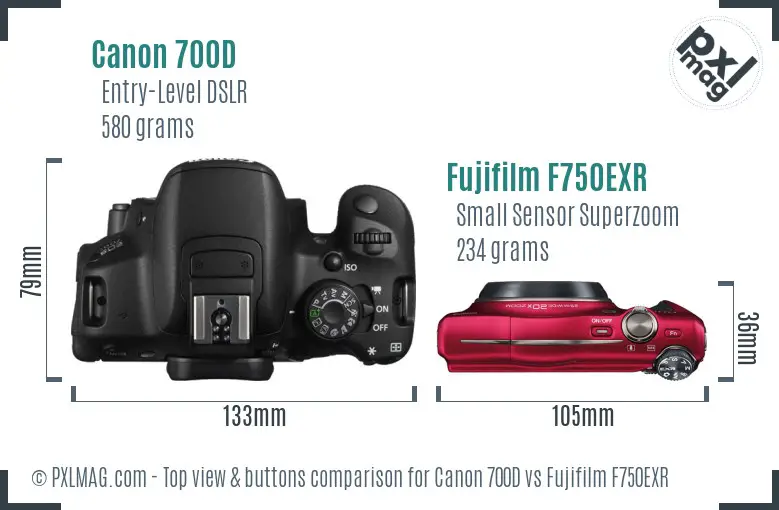 Canon 700D vs Fujifilm F750EXR top view buttons comparison