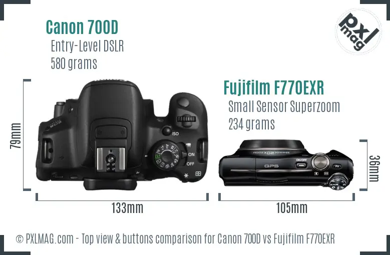 Canon 700D vs Fujifilm F770EXR top view buttons comparison Canon 700D vs Fujifilm F770EXR top view buttons comparison