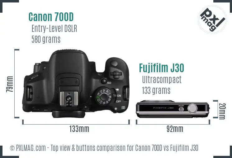 Canon 700D vs Fujifilm J30 top view buttons comparison