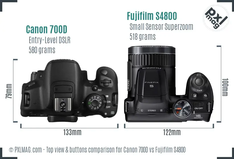 Canon 700D vs Fujifilm S4800 top view buttons comparison Canon 700D vs Fujifilm S4800 top view buttons comparison