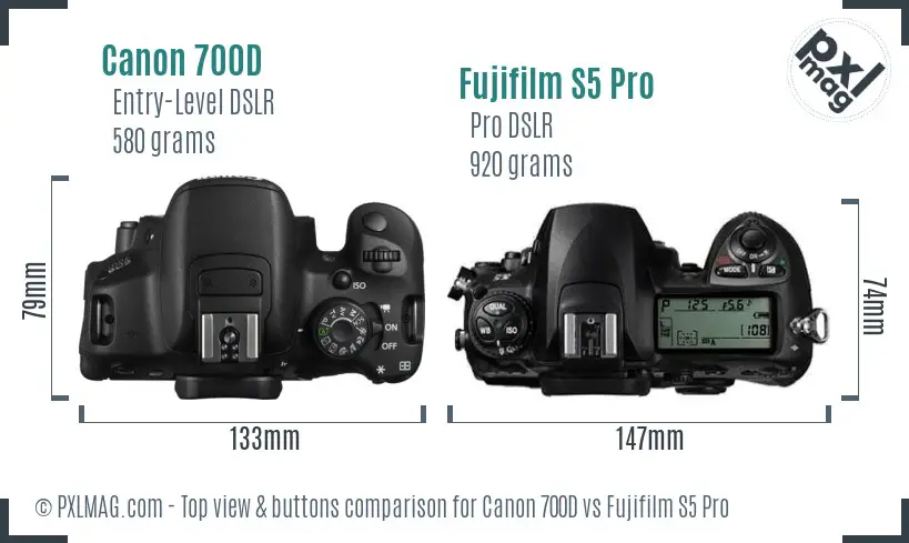 Canon 700D vs Fujifilm S5 Pro top view buttons comparison Canon 700D vs Fujifilm S5 Pro top view buttons comparison