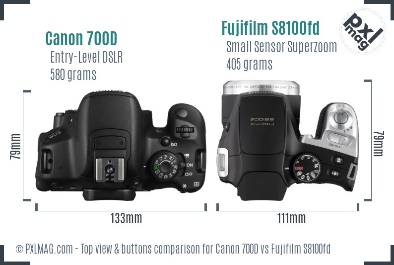 Canon 700D vs Fujifilm S8100fd top view buttons comparison