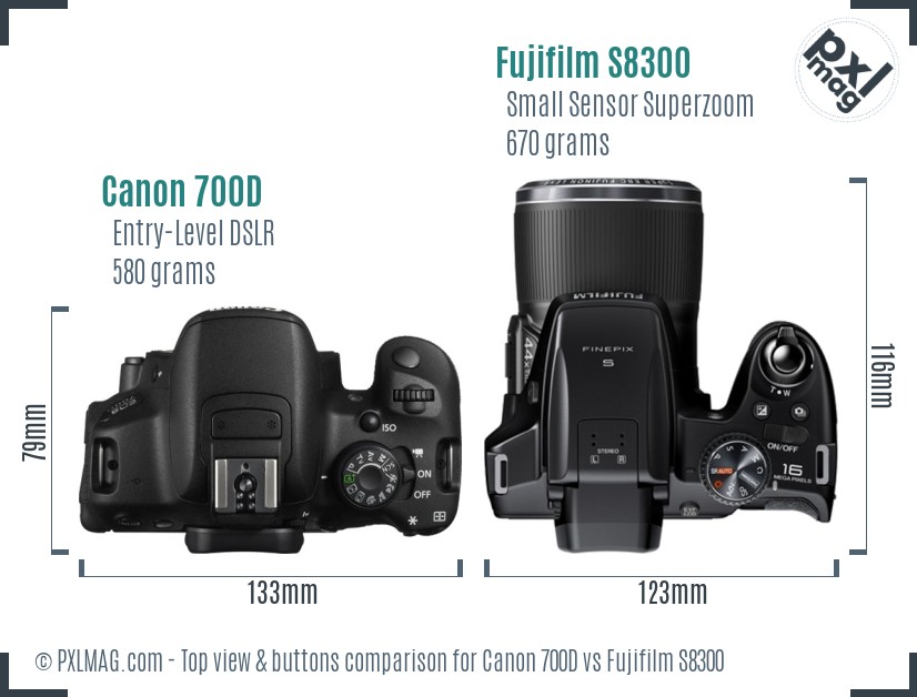 Canon 700D vs Fujifilm S8300 top view buttons comparison