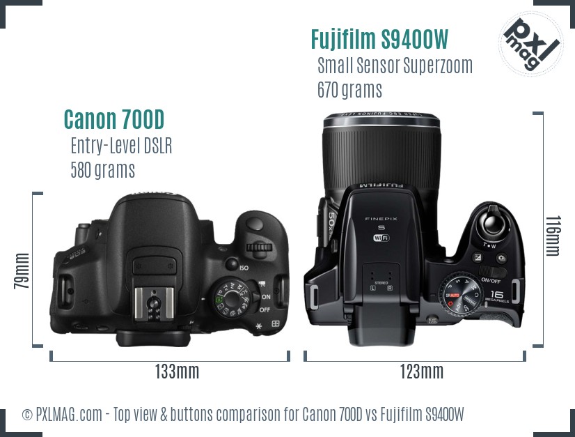 Canon 700D vs Fujifilm S9400W top view buttons comparison