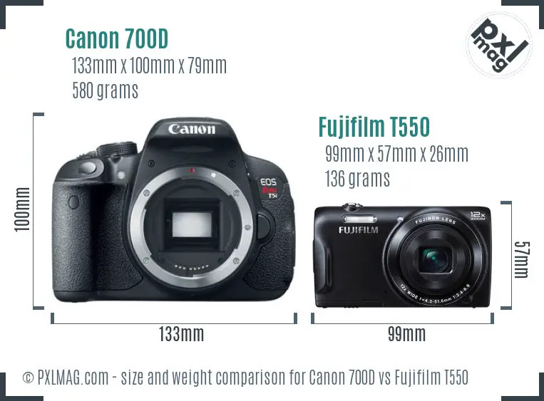 Canon 700D vs Fujifilm T550 size comparison