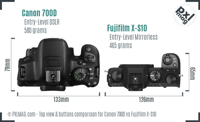 Canon 700D vs Fujifilm X-S10 top view buttons comparison Canon 700D vs Fujifilm X-S10 top view buttons comparison