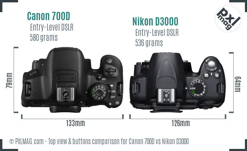 Canon 700D vs Nikon D3000 top view buttons comparison