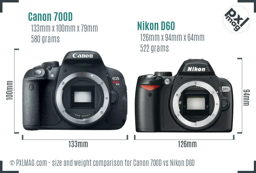 Canon 700D vs Nikon D60 size comparison