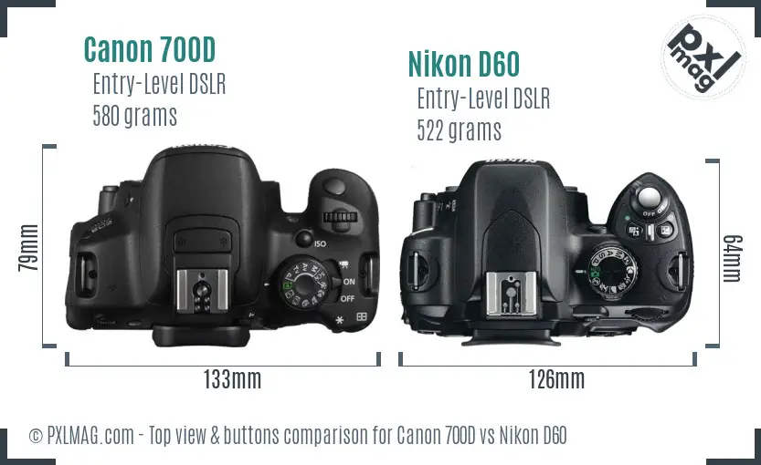 Canon 700D vs Nikon D60 top view buttons comparison