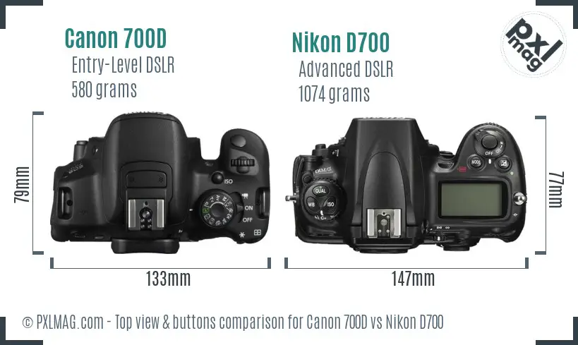 Canon 700D vs Nikon D700 top view buttons comparison