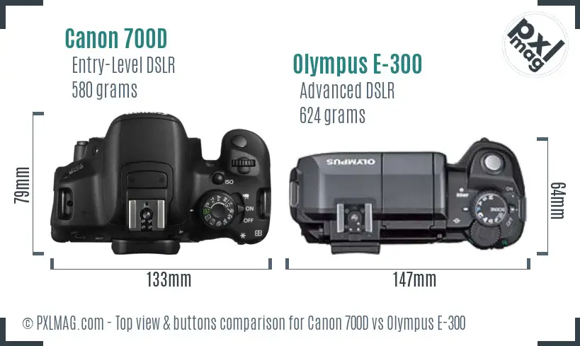 Canon 700D vs Olympus E-300 top view buttons comparison
