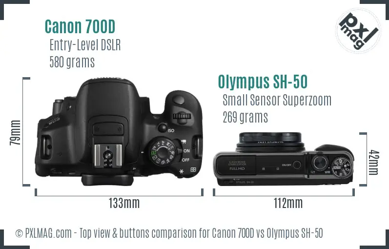 Canon 700D vs Olympus SH-50 top view buttons comparison