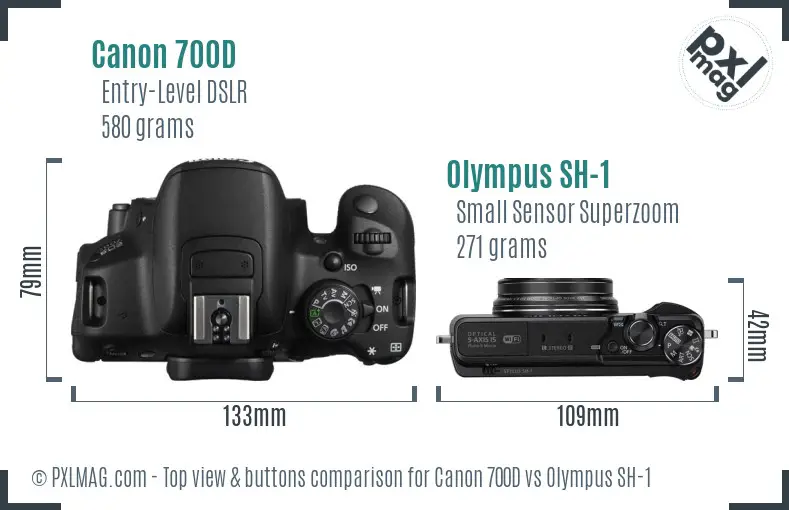 Canon 700D vs Olympus SH-1 top view buttons comparison