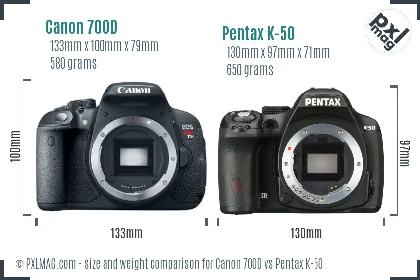 Canon 700D vs Pentax K-50 size comparison