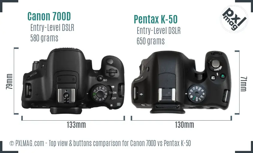 Canon 700D vs Pentax K-50 top view buttons comparison