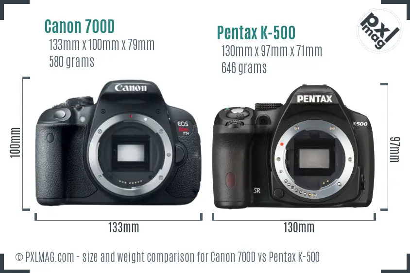 Canon 700D vs Pentax K-500 size comparison