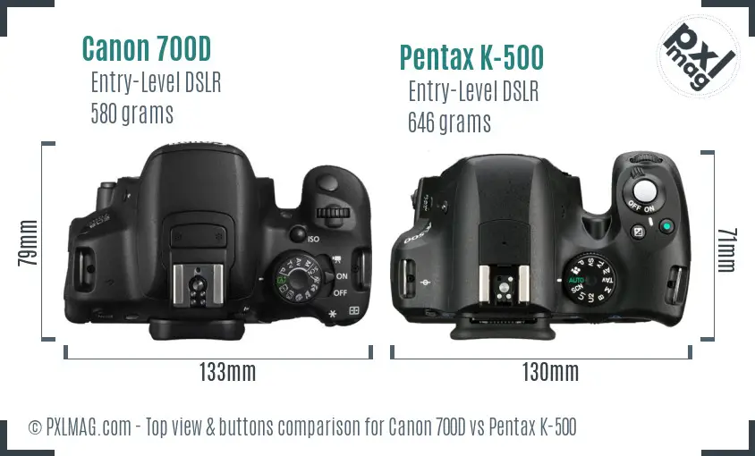 Canon 700D vs Pentax K-500 top view buttons comparison