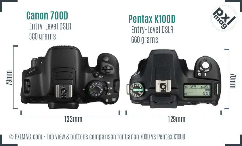 Canon 700D vs Pentax K100D top view buttons comparison
