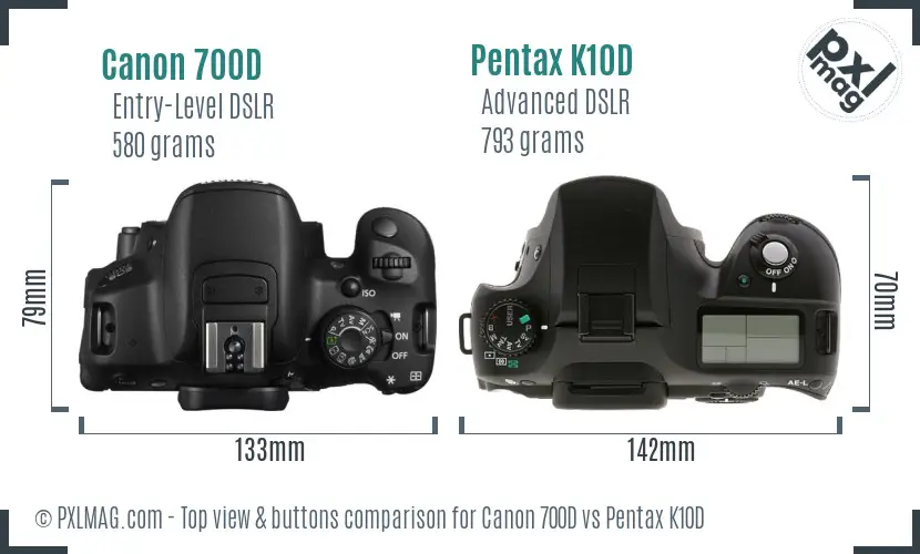 Canon 700D vs Pentax K10D top view buttons comparison