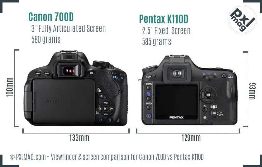 Canon 700D vs Pentax K110D Screen and Viewfinder comparison