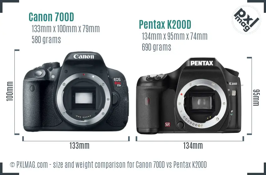 Canon 700D vs Pentax K200D size comparison