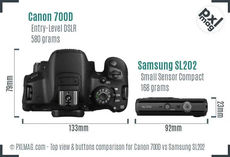 Canon 700D vs Samsung SL202 top view buttons comparison