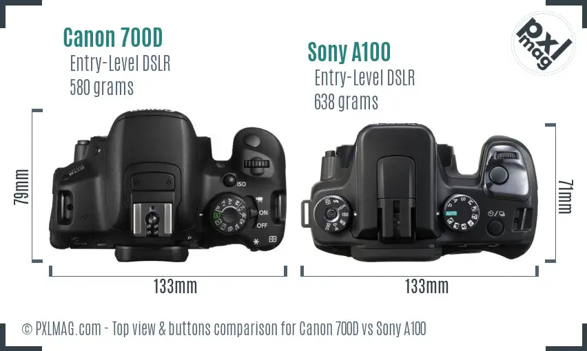 Canon 700D vs Sony A100 top view buttons comparison