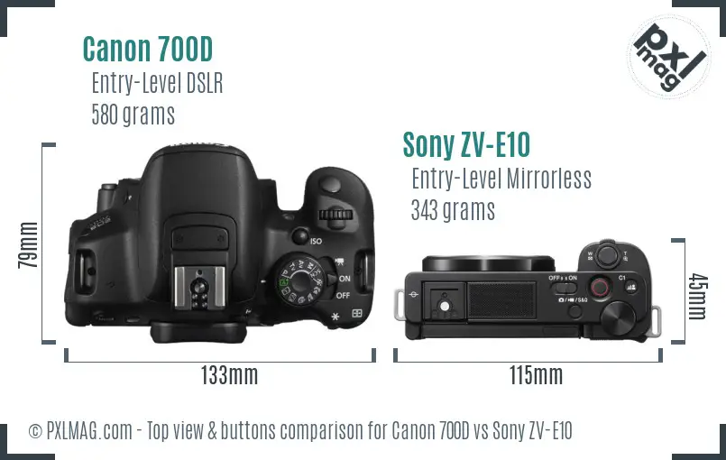 Canon 700D vs Sony ZV-E10 top view buttons comparison