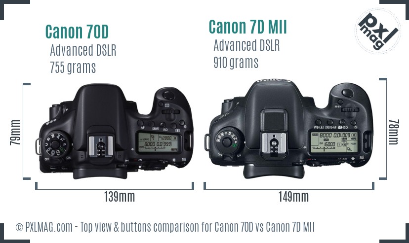 Canon 70D vs Canon 7D MII top view buttons comparison