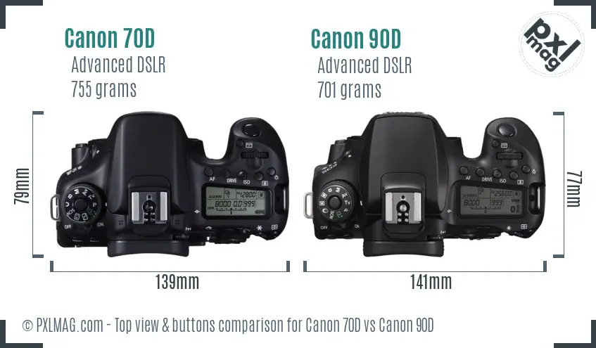 Canon 70D vs Canon 90D top view buttons comparison