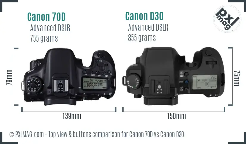 Canon 70D vs Canon D30 top view buttons comparison Canon 70D vs Canon D30 top view buttons comparison