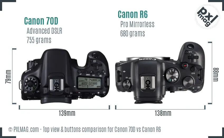 Canon 70D vs Canon R6 top view buttons comparison