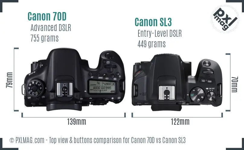 Canon 70D vs Canon SL3 top view buttons comparison Canon 70D vs Canon SL3 top view buttons comparison