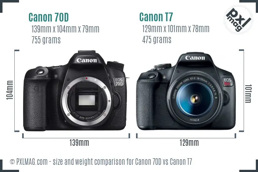 Canon 70D vs Canon T7 size comparison