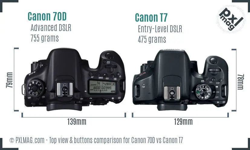 Canon 70D vs Canon T7 top view buttons comparison