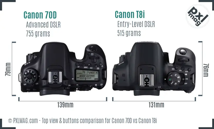 Canon 70D vs Canon T8i top view buttons comparison Canon 70D vs Canon T8i top view buttons comparison