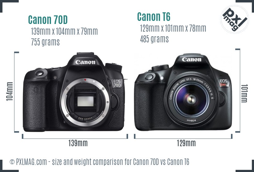 Canon 70D vs Canon T6 size comparison